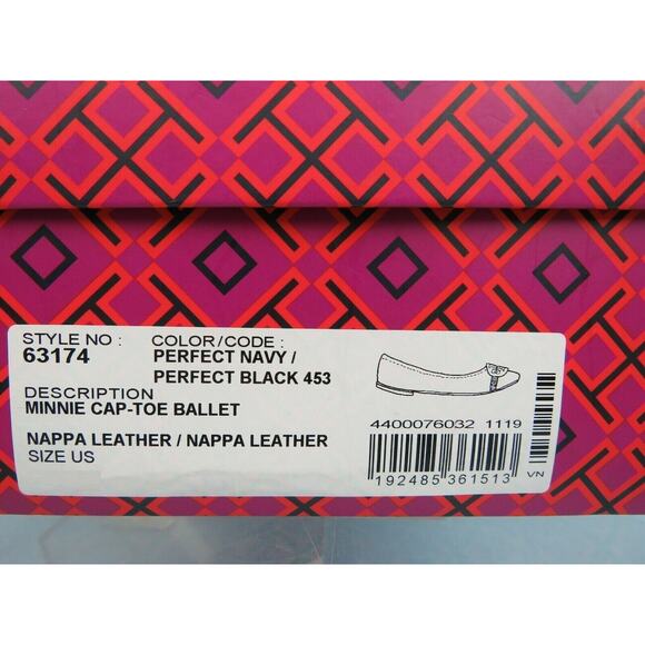 NIB TORY BURCH MINNIE NAVY BLUE LEATHER GOLD REVA BLACK CAP TOE BALLET FLATS 9